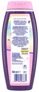 Tył fioletowego, brokatowego żelu Isana Kids Błyszczący Jednorożec 300ml, etykieta ze składem, logo Vegan.