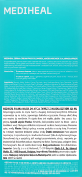 Tył opakowania Mediheal Pianka-maska do mycia twarzy z madekasozydem 120 ml, jasnoniebieskie tło.