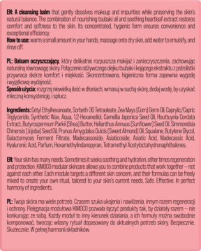 Etykieta balsamu KMODD, emulsja oczyszczająca, z opisem składu, użycia i właściwości na różowym tle.