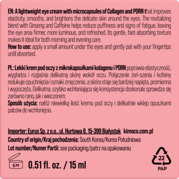 Różowa etykieta kremu pod oczy 15 ml z mikro-kapsułkami, opis produktu, sposób użycia, skład i dane importera.