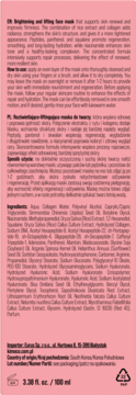 Różowy tył maski rozświetlającej i liftingującej do twarzy. Widoczny skład INCI, instrukcja użycia i 100 ml.