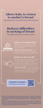 Beżowa reklama butelki LOVI Mammafeel. Tekst 'Powrót do piersi', 'Dynamiczny smoczek', 'Redukuje kolkę', QR kod.