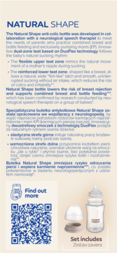 Przezroczysta butelka antykolkowa Canpol Natural Shape 260ml z dwustrefowym smoczkiem, widok rozłożonych części.