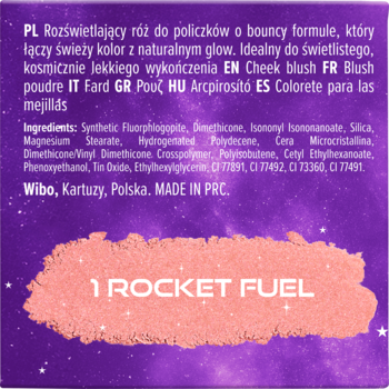 Rozświetlający róż Wibo Meteor Shower Rocket Fuel w odcieniu peach-różu, błyszczący, obok etykiety opakowania.