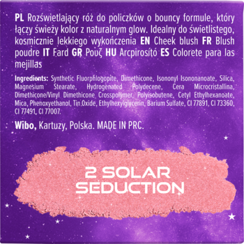 Tył opakowania rozświetlającego różu Wibo Meteor Shower Solar Seduction z tekstem, składem i próbką.