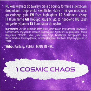Tył fioletowego opakowania rozświetlacza Wibo Cosmic Chaos z widocznym tekstem, nazwą odcienia i krajem produkcji.