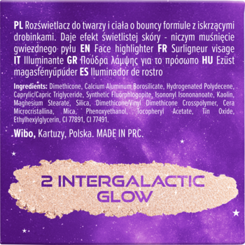 Tył rozświetlacza Wibo Meteor Shower Intergalactic Glow. Fioletowe opakowanie ze składem produktu.