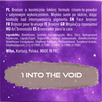 Tył opakowania bronzera Wibo Meteor Shower Into The Void. Fioletowe tło, tekst PL/EN, składniki, próbka odcienia.