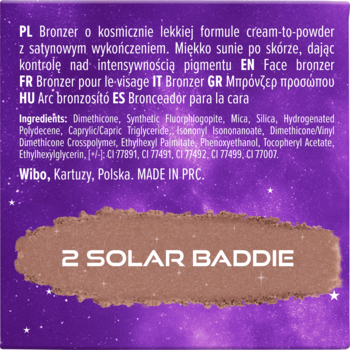 Tył opakowania bronzera Wibo Meteor Shower Solar Baddie, z brązowym pigmentem i tekstem składników produktu.