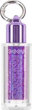 Fioletowy błyszczyk do ust Interstellar 02 z brokatem, w przezroczystej tubce ze srebrnym brelokiem, widok z tyłu.