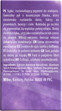Tylna strona opakowania sypkiego rozświetlającego pigmentu Wibo, fioletowe tło z gwiezdnym pyłem, biały tekst.