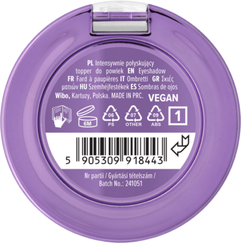 Tył fioletowego, okrągłego toppera do powiek, z napisem "Intensywnie połyskujący" i kodem kreskowym.