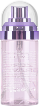 Tył błyszczącej, różowej butelki wodoodpornej mgiełki do makijażu 60ml z tekstem i symbolami.