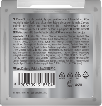 Tył palety cieni Wibo z 9 cieniami matowymi i błyszczącymi, srebrne opakowanie, widoczny kod kreskowy i skład.