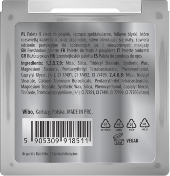Tył srebrnej palety cieni Wibo z pełnym opisem PL, listą składników i kodem kreskowym.