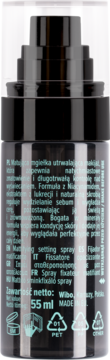 Tył czarnej matującej mgiełki utrwalającej makijaż w butelce spray, z jasnym tekstem, 55 ml.