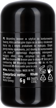 Tył czarnego, aksamitnego bronzera w sztyfcie do konturowania twarzy. Widoczny opis PL/EN, 6g, VEGAN.