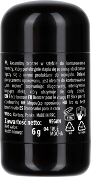 Czarny aksamitny bronzer w sztyfcie Wibo 6g, 04 TRUE MOCHA. Tył opakowania z opisem i symbolami.