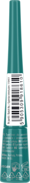 Tylna strona turkusowego eyelinera do powiek, widoczny kod kreskowy i oznaczenia 'VEGAN' i 'MADE IN EU'.