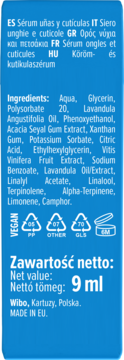 Tył niebieskiego opakowania serum do paznokci i skórek 9 ml, z listą składników, symbolem vegan i danymi producenta.
