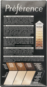 Tył opakowania L'Oréal Préférence Ultra Platinum 7 Bleach z opisem, tabelą odcieni i próbkami włosów.