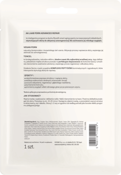 Tył białej saszetki maski w płachcie AA LAAB PDRN Advanced Repair z tekstem o składnikach i kodem.