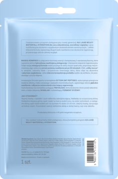 Tył jasnoniebieskiej saszetki maski w płachcie AA LAAB MILKY WATERFALL HYDRATION z tekstem i kodem kreskowym.