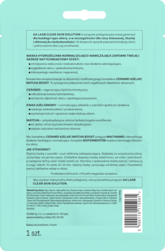 Tył zielonego opakowania maski hydrożelowej AA Laab Clear Skin Solution, z listą składników i kodem EAN.