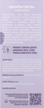 Fioletowa etykieta neurokosmetyku be-mel z melatoniną i postbiotykami, o regeneracji skóry i redukcji stresu.