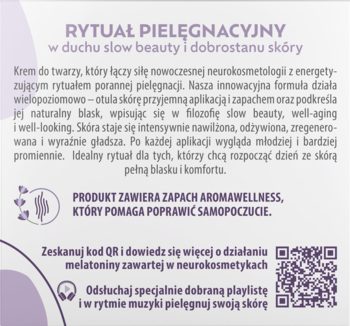 Informacyjny tekst o kremie do twarzy, neurokosmetycznym rytuale pielęgnacji, z melatoniną i AromaWellness, na fioletowym tle z kodem QR.