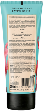 Tył jasnoniebieskiej tuby balsamu nawilżającego Hydra Touch 200ml Banua z etykietą składu.