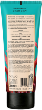 Tył zielono-turkusowej tubki balsamu kojącego Calm Care 200ml z etykietą składników i opisu produktu.