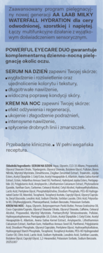 Tekst AA LAAB MILKY WATERFALL HYDRATION, pielęgnacyjny duet dzień/noc pod oczy, z listą składników.