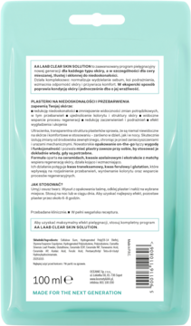 Tył miętowej saszetki AA LAAB Clear Skin Solution 100ml. Biała etykieta z opisem plasterków.