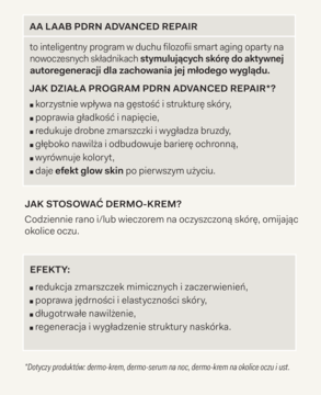 Biała ulotka z czarnym tekstem o programie AA LAAB PDRN Advanced Repair, opisująca działanie i efekty.