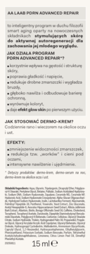 Panel informacyjny kremu AA LAAB PORN ADVANCED REPAIR 15 ml, z polskim opisem działania, efektów i składników.