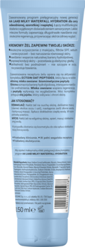 AA LAAB MILKY WATERFALL HYDRATION kremowy żel, tył jasnoniebieskiej tubki z tekstem, składem i kodem EAN.