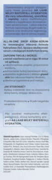 Tył opakowania AA LAAB MILKY WATERFALL HYDRATION KREM-SERUM z polskim opisem, zastosowaniem i składnikami.