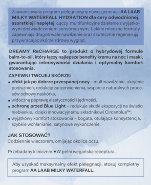 Ulotka AA LAAB MILKY WATERFALL HYDRATION, biały tekst na fioletowym tle, opis nawilżającego programu.