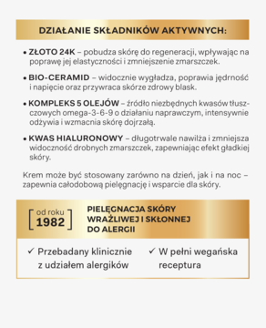Grafika AA Technologia Wieku 5 Repair: opis aktywnych składników dla skóry wrażliwej, z 24K złotem i kwasem hialuronowym.
