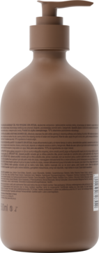 Matowa, brązowa butelka z pompką, widok z tyłu. Widoczny drobny tekst informacyjny produktu.