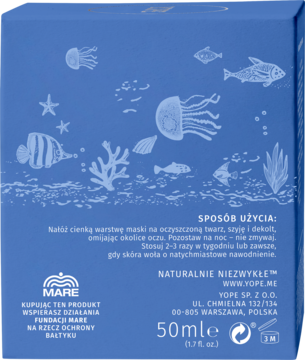 Tylna strona niebieskiego opakowania maski nawilżającej YOPE MARE 50ml z morskimi ilustracjami.