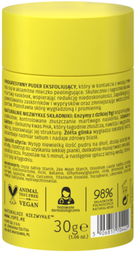 Tył żółtego opakowania Yope, puder eksfoliujący 30g. Widoczne składniki, opis produktu i certyfikaty.
