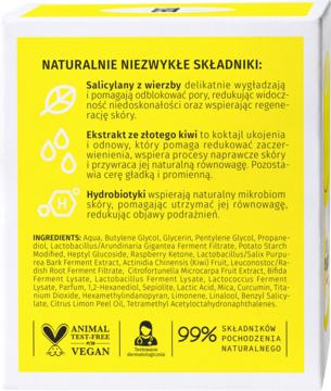 Tył żółto-białego opakowania pielęgnacyjnego z opisami składników: salicylany, złote kiwi, hydrobiotyki.