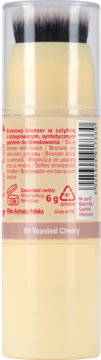 Tył kremowego bronzera w sztyfcie z pędzlem. Odcień 01 Toasted Cherry, widoczne etykiety z masą 6g.