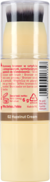 Tył opakowania kremowego bronzera w sztyfcie 02 Hazelnut Cream z pędzlem, beżowe, z polskim tekstem i kodem.