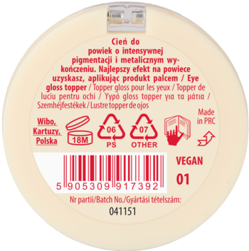 Tył kremowego, okrągłego opakowania Eye Gloss Topper. Widoczny kod kreskowy, recykling i tekst o metalicznym wykończeniu.