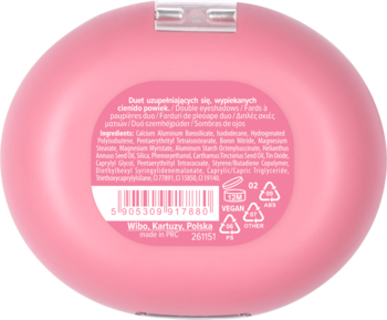 Tył różowego, owalnego opakowania Wibo z wypiekanymi cieniami do powiek, z widocznym składem i ikoną wegan.