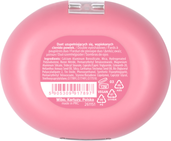 Różowy, owalny kompakt Wibo z duetem wypiekanych cieni do powiek, widok z tyłu, widoczna lista składników.