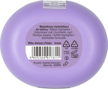 Fioletowy, okrągły wypiekany rozświetlacz do twarzy, widok z tyłu z etykietą i kodem kreskowym.
